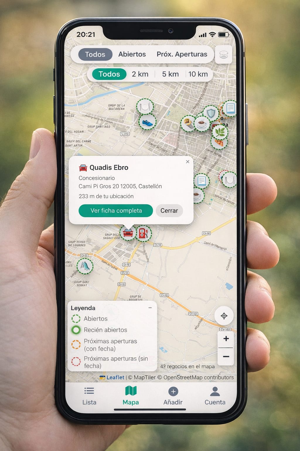 Vista del mapa en la app
